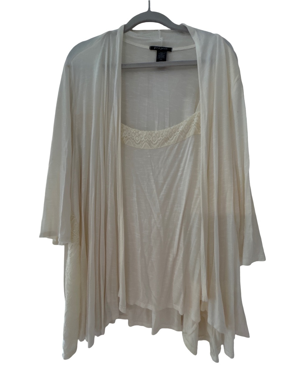 Cream Layered Cardigan Tank Top 2XL Lace Trim Draped Open Front Made in USA